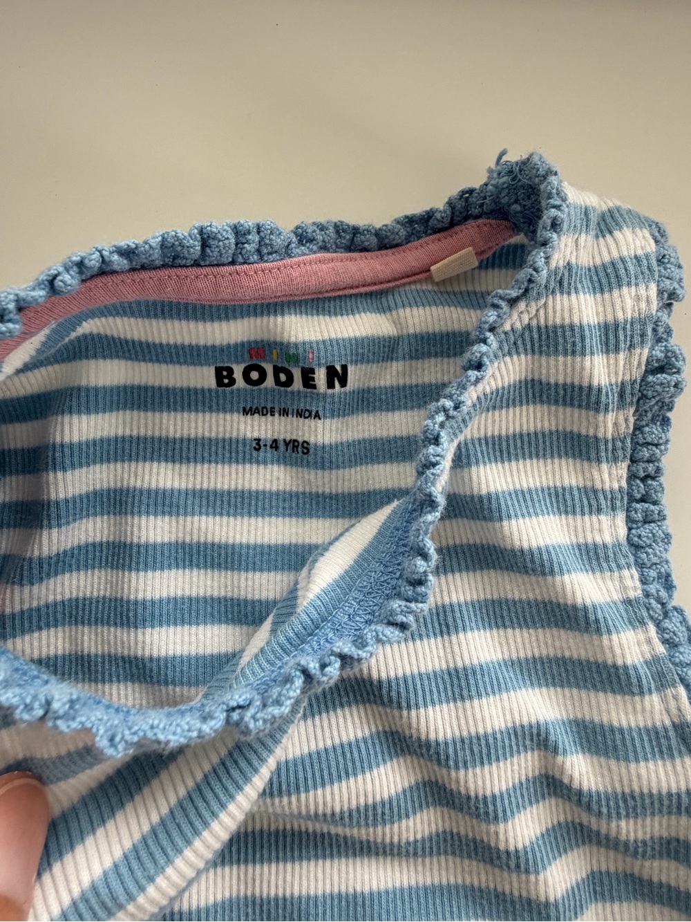 Boden Light Blue & White Striped Toddler Tank with Ruffle Trim